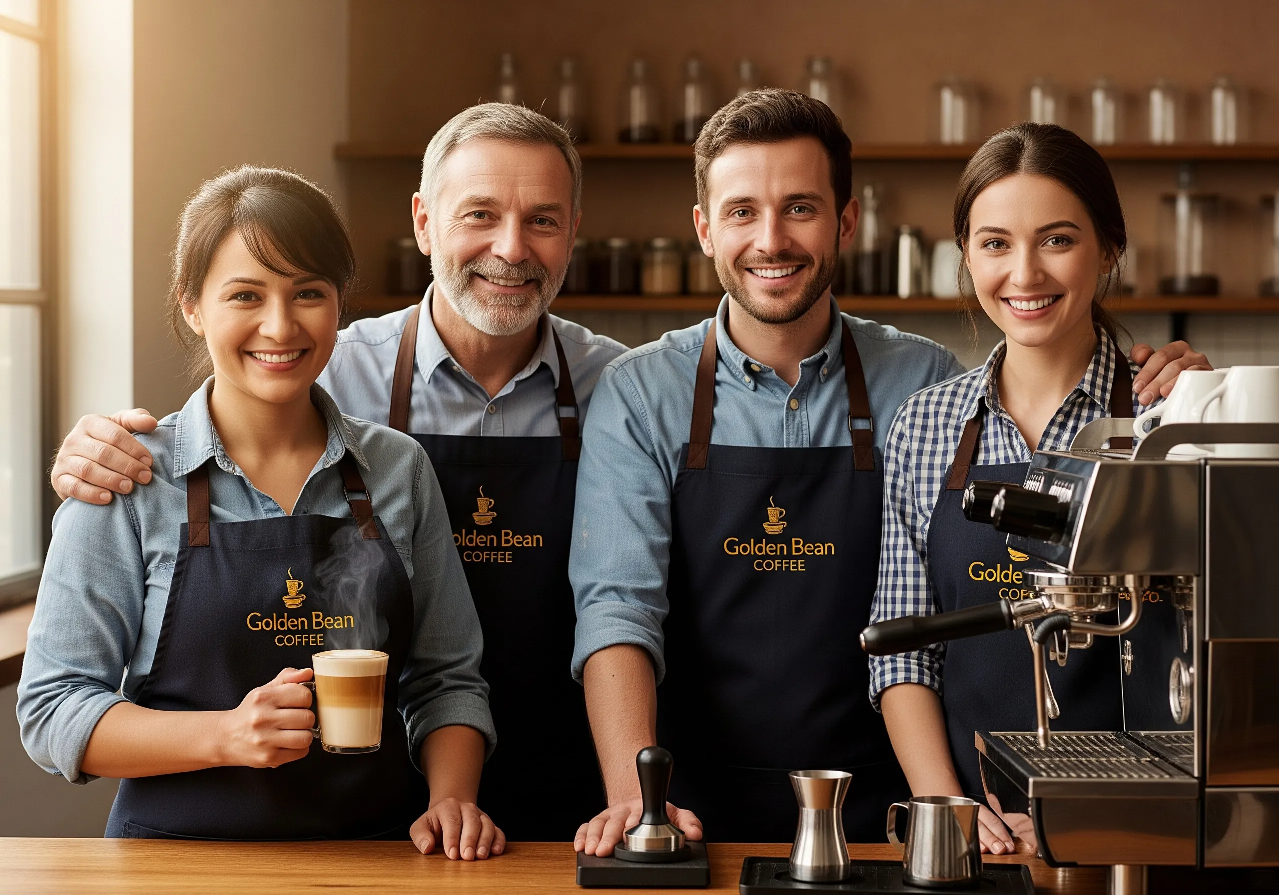 Golden Bean Coffee barista team smiling behind the counter.