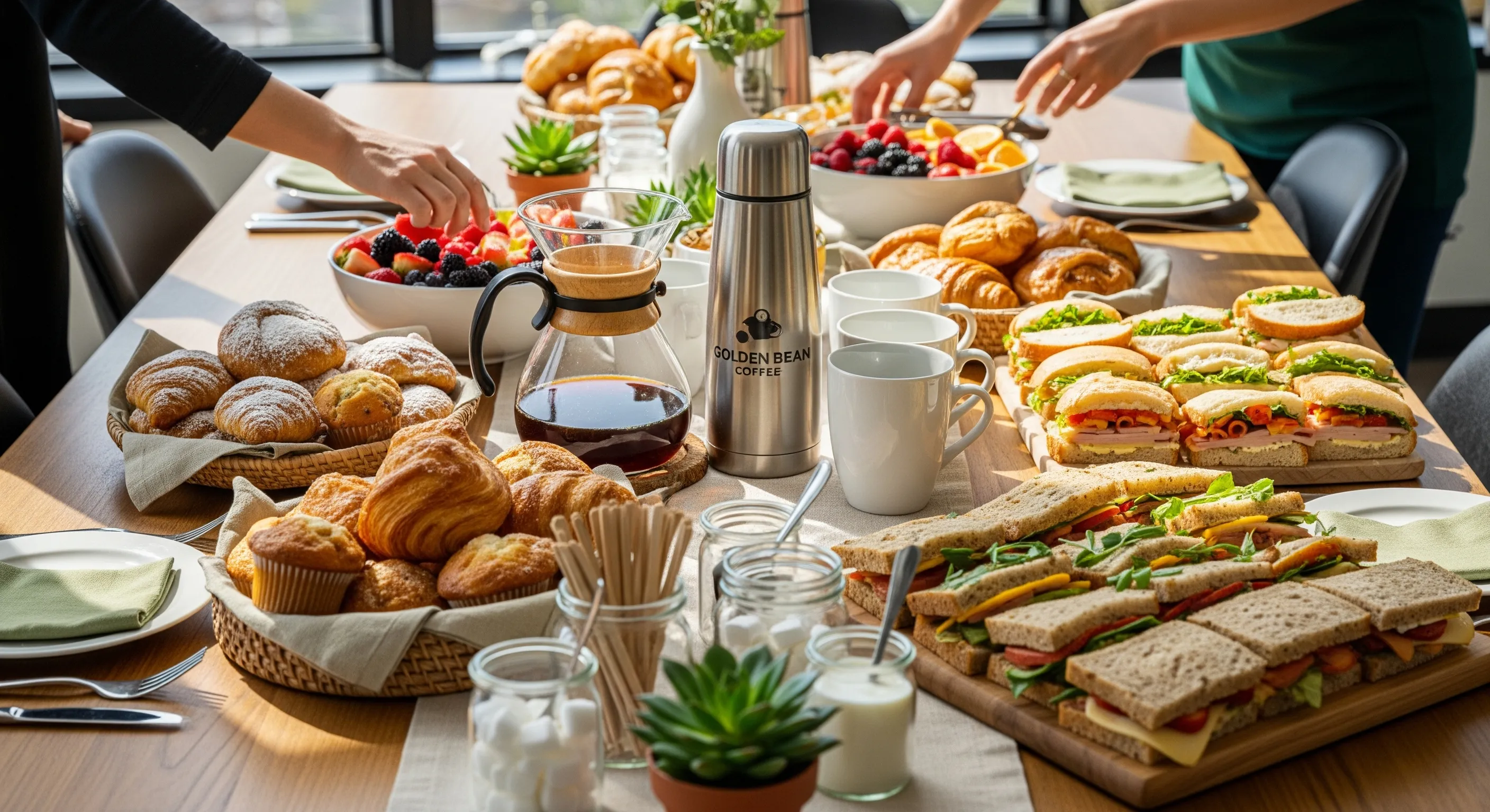 Catering spread with pastries, sandwiches, and a coffee carafe arranged for a team meeting.