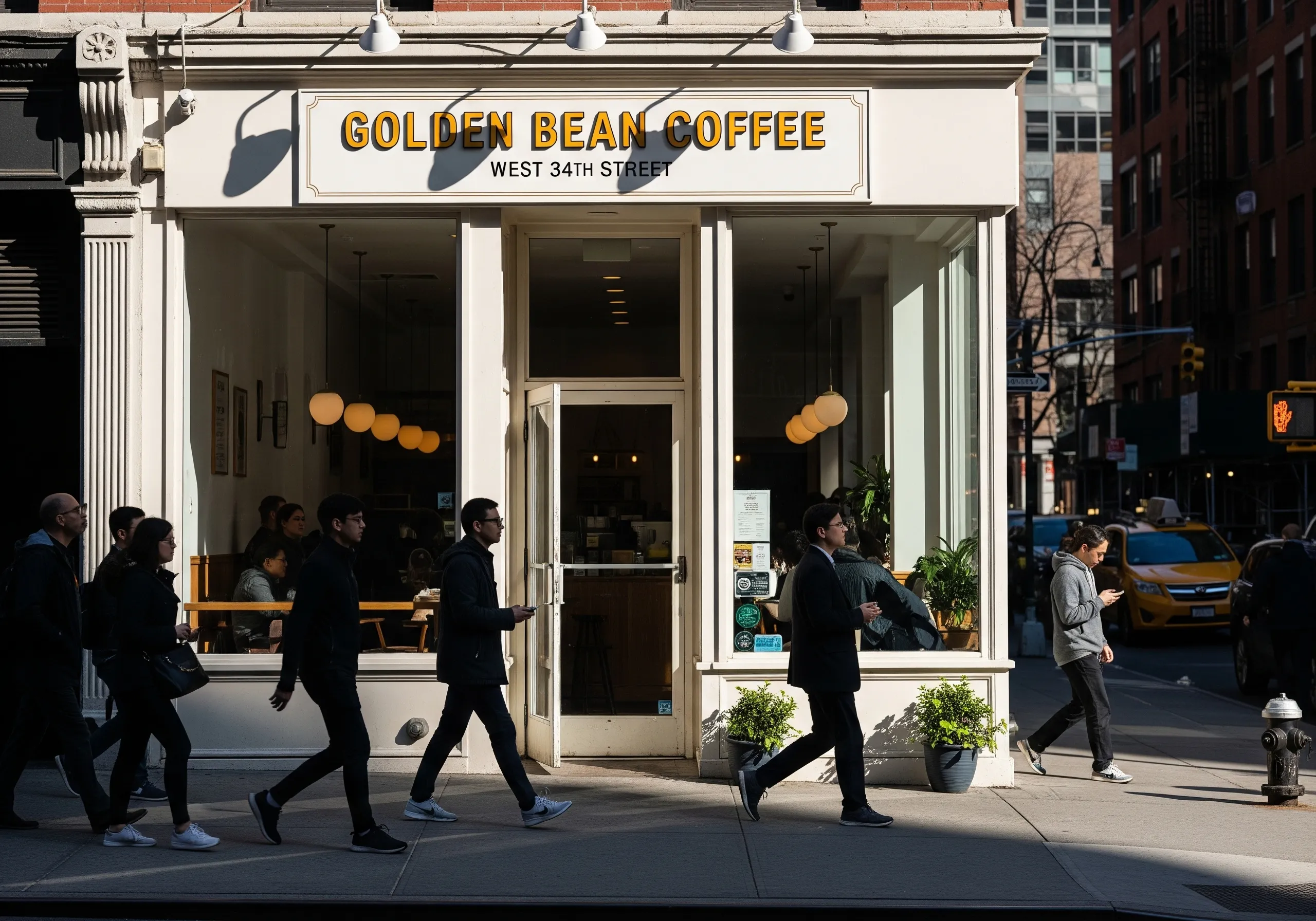 Street view of Golden Bean Coffee on West 34th Street with large windows and signage.
