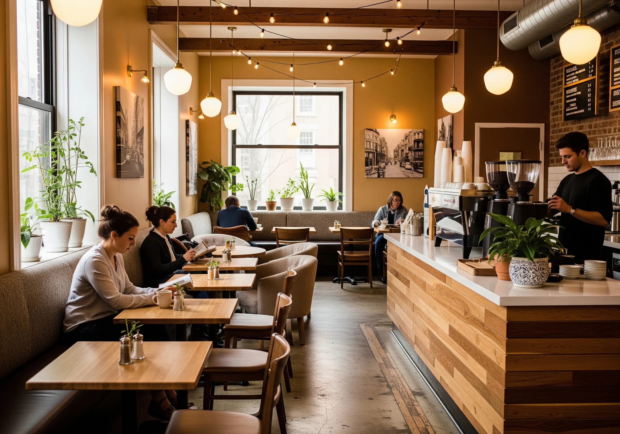 Cozy café interior with seating and natural light