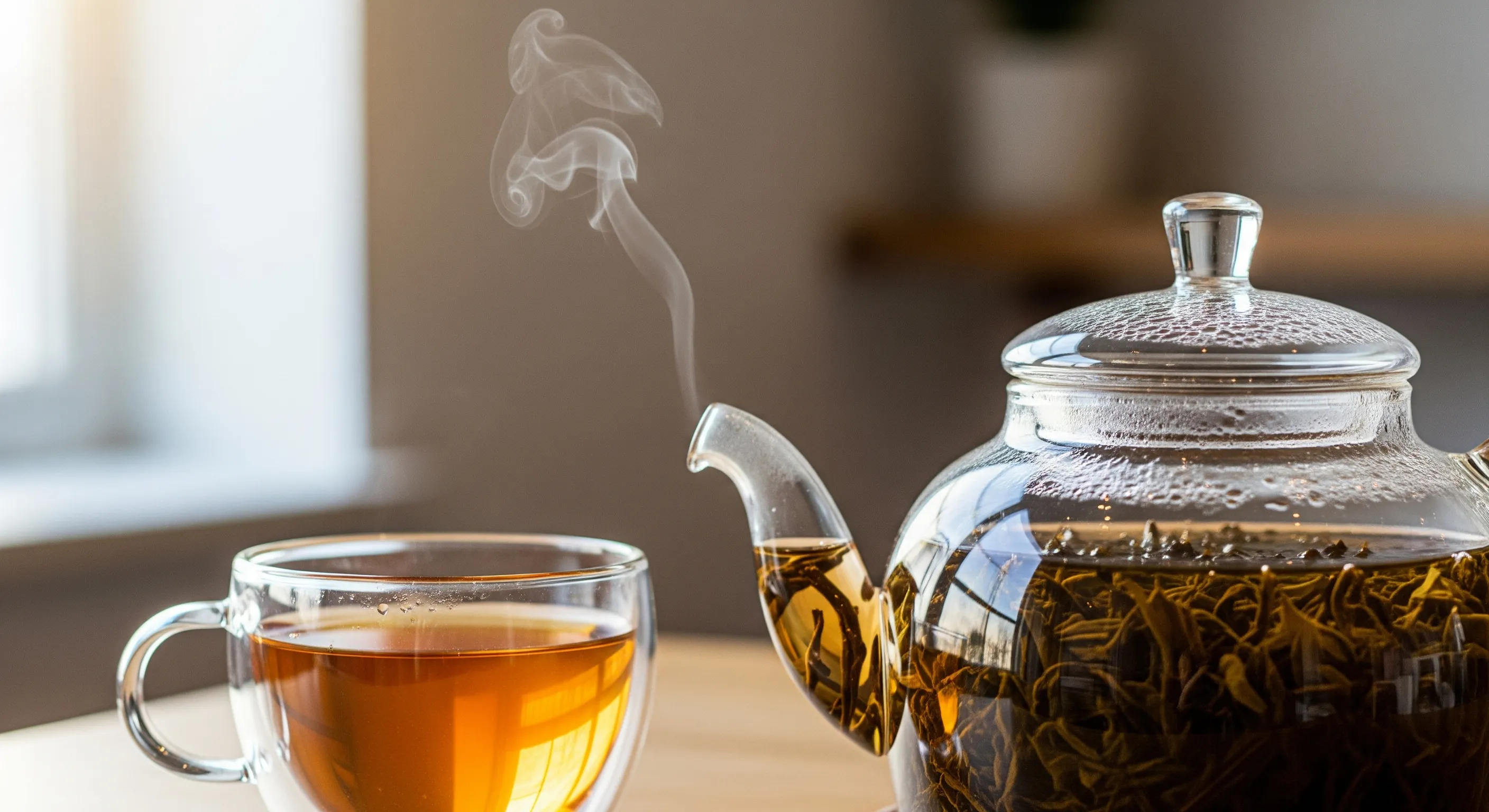 Steam rising from a glass teapot filled with loose-leaf tea beside a cup.