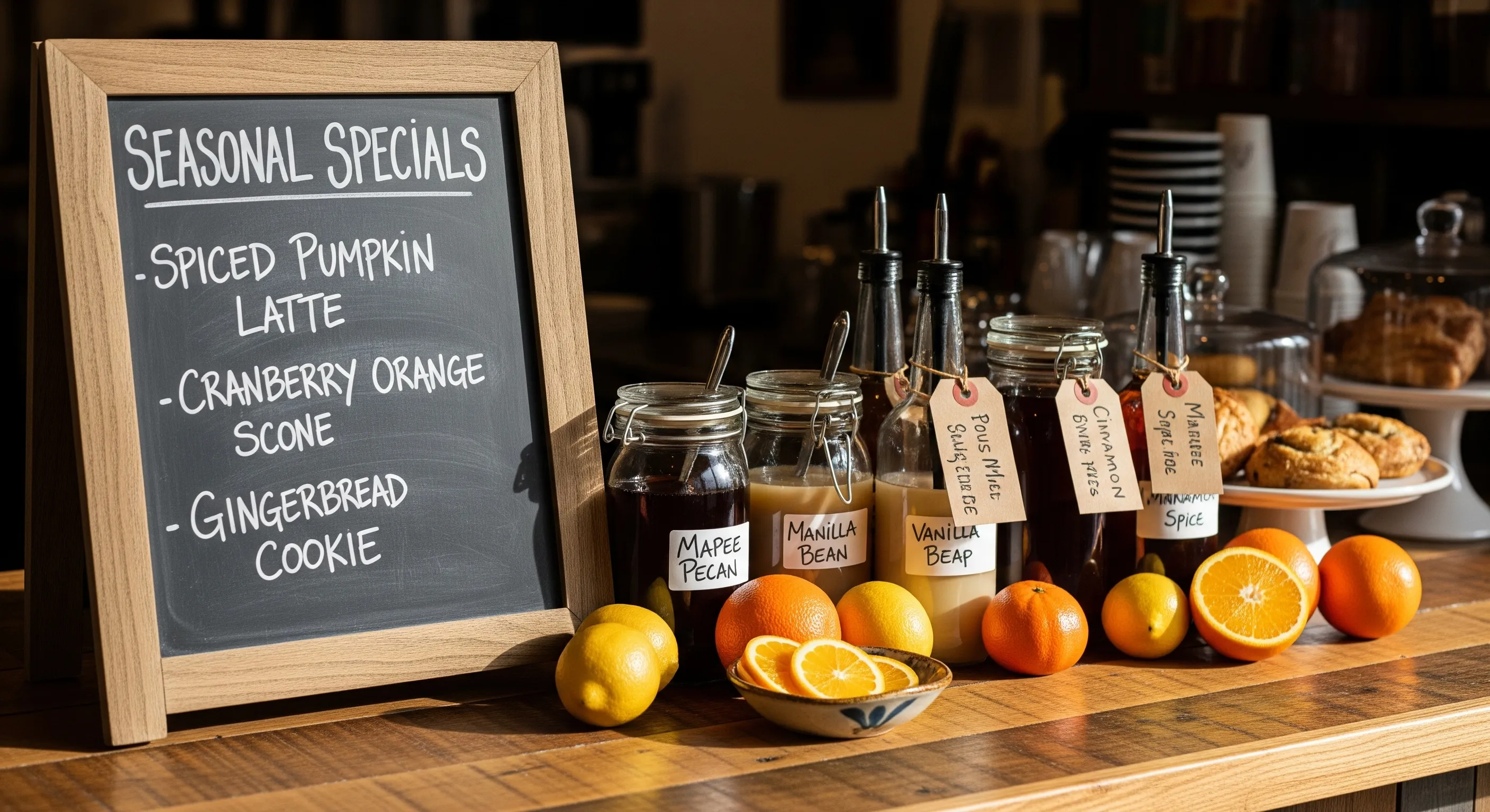 Handwritten chalkboard of rotating specials beside jars of house-made syrups and seasonal citrus.